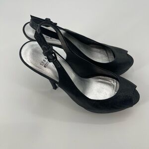 Stuart Weitzman Black Glitter and Leather Peep Toe Slingback Pumps heels size 8M